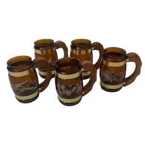 Vintage Siesta Ware Brown Barrel Amber Glass Mug Wood Handle Brass Trim Set of 5